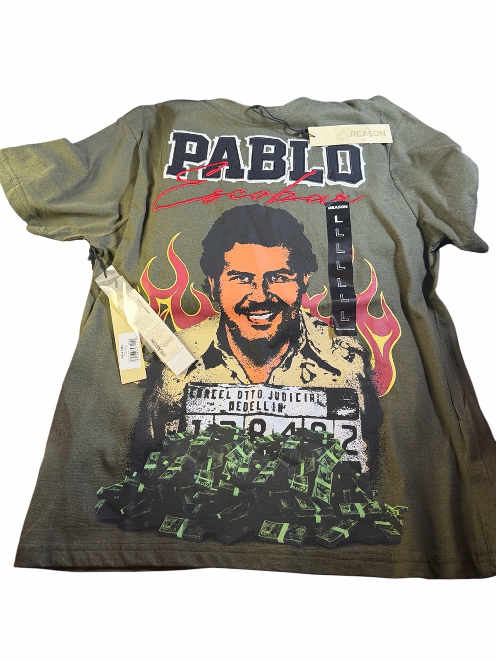 Reason X Pablo Escobar El Patrón Mugshot Streetwear Tee Olive Green Large NEW
